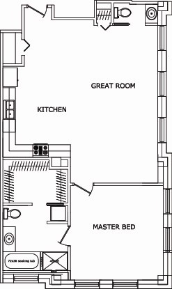 Floor plan for 1 bed, 1.5 baths, 1213 sqft